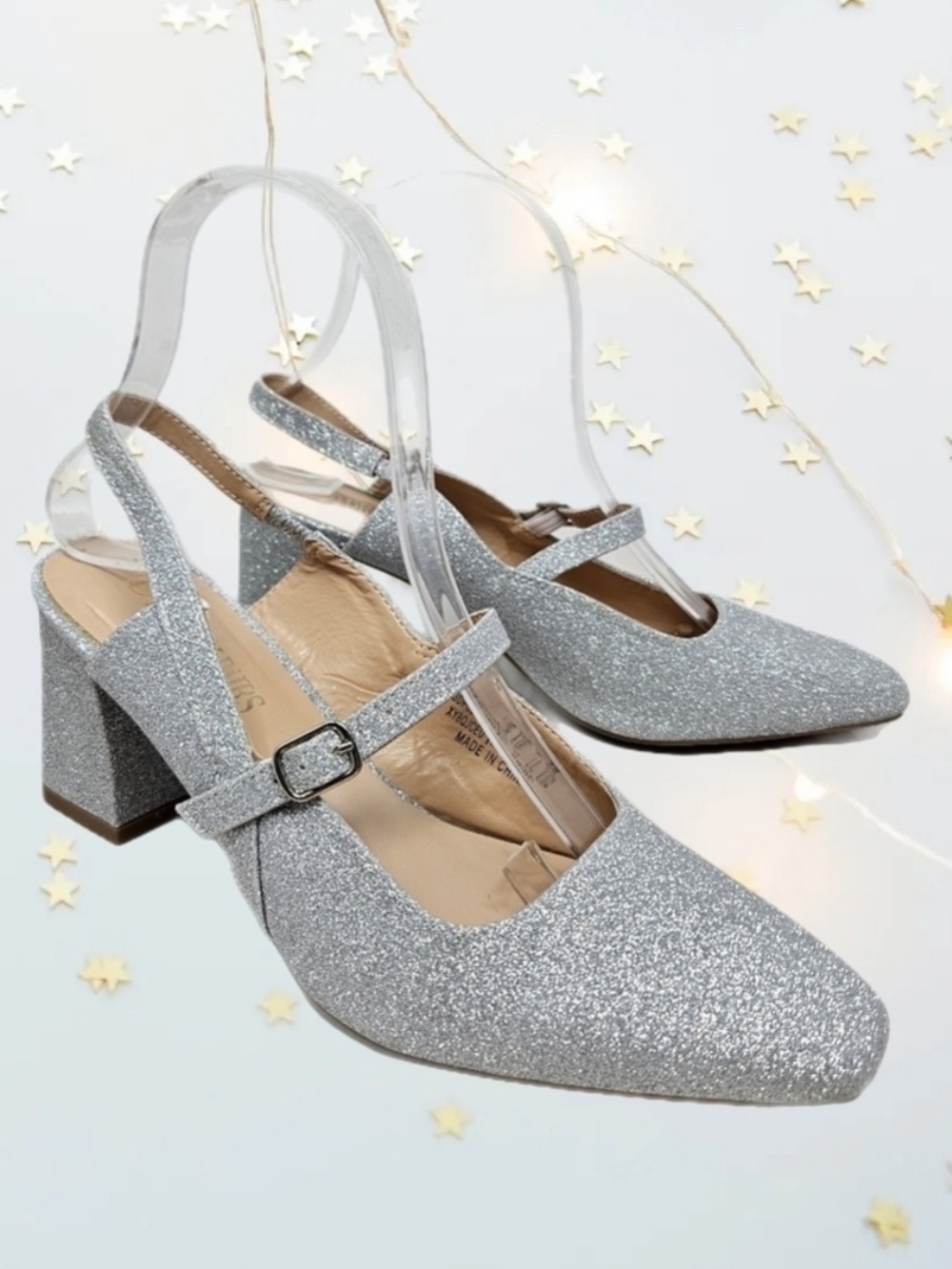 Dream Pairs High Heels Womens Sz 6.5 Silver Glitter Sling Back Mary Jane Strap